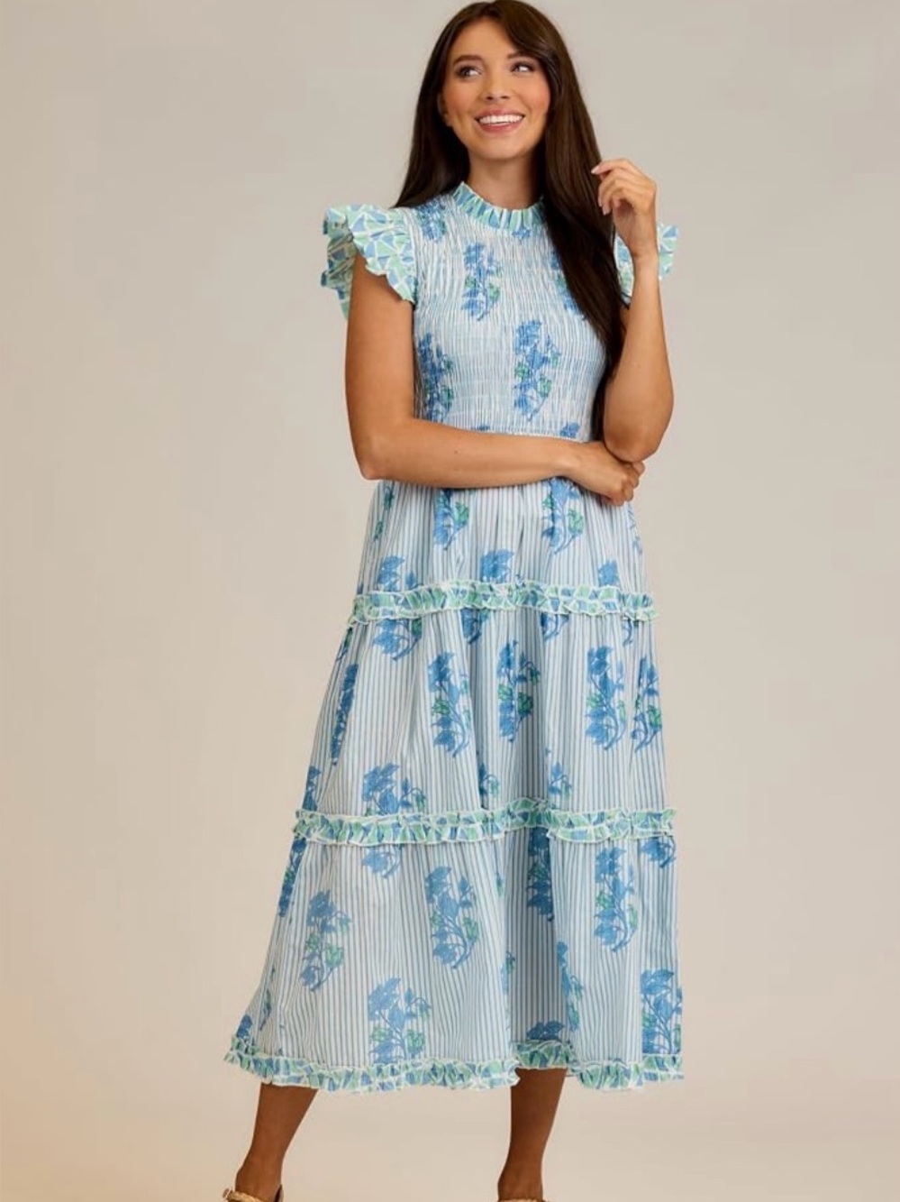 MudPie Perin Smocked Cotton Midi Dress Blue White Stripe Floral Block Print L